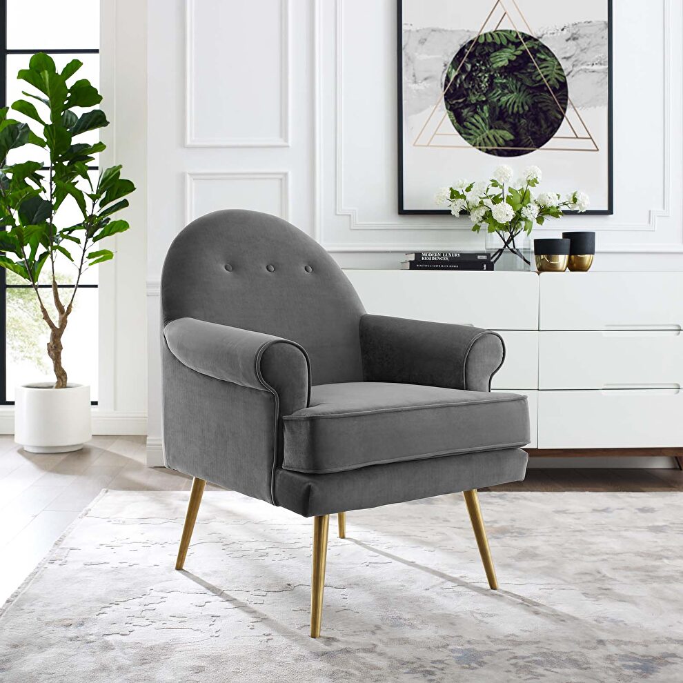 Tufted button accent performance velvet armchair in gray by Modway