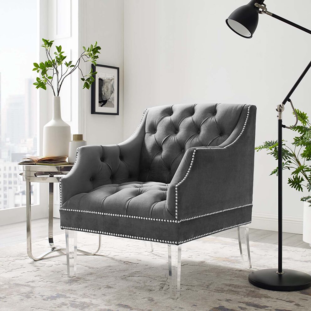 Tufted button accent performance velvet armchair in gray by Modway