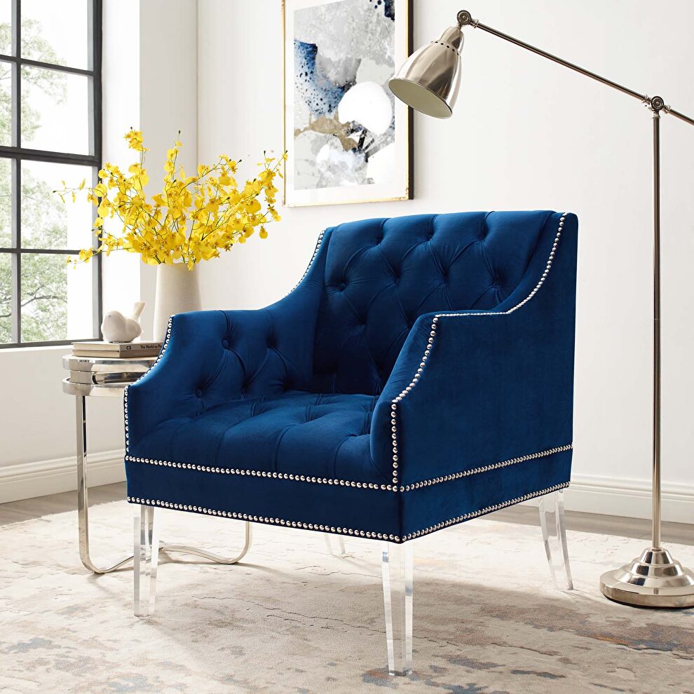 Tufted button accent performance velvet armchair in navy by Modway