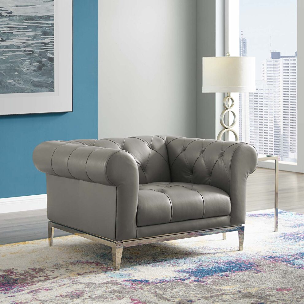 Tufted button upholstered leather chesterfield chair in gray by Modway