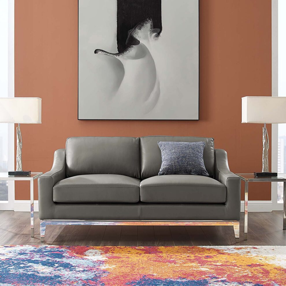 Stainless steel base leather loveseat in gray by Modway