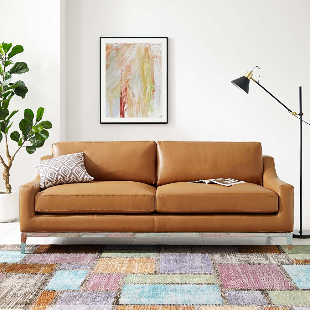 Stainless steel base leather sofa in tan by Modway