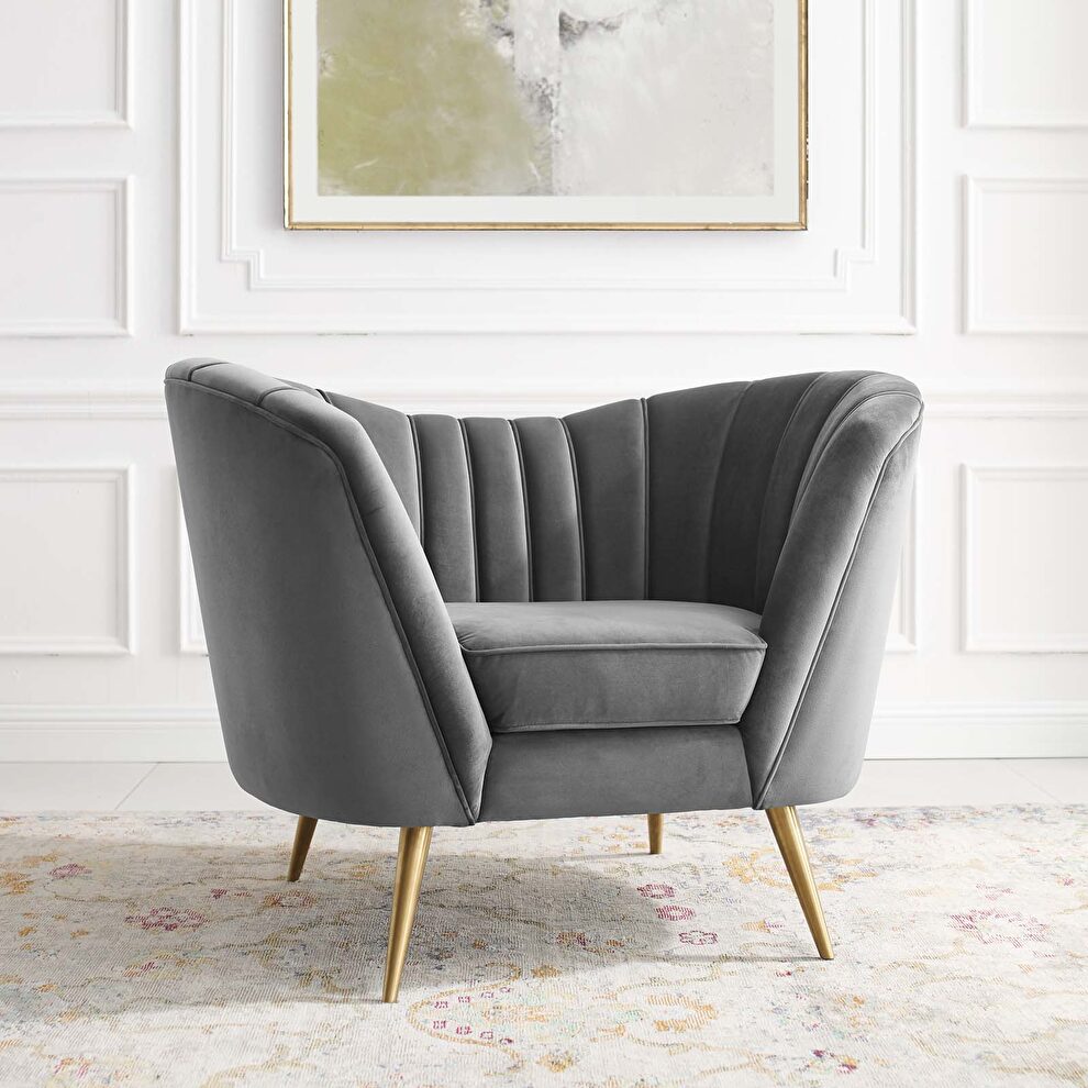 Vertical channel tufted curved performance velvet chair in gray by Modway