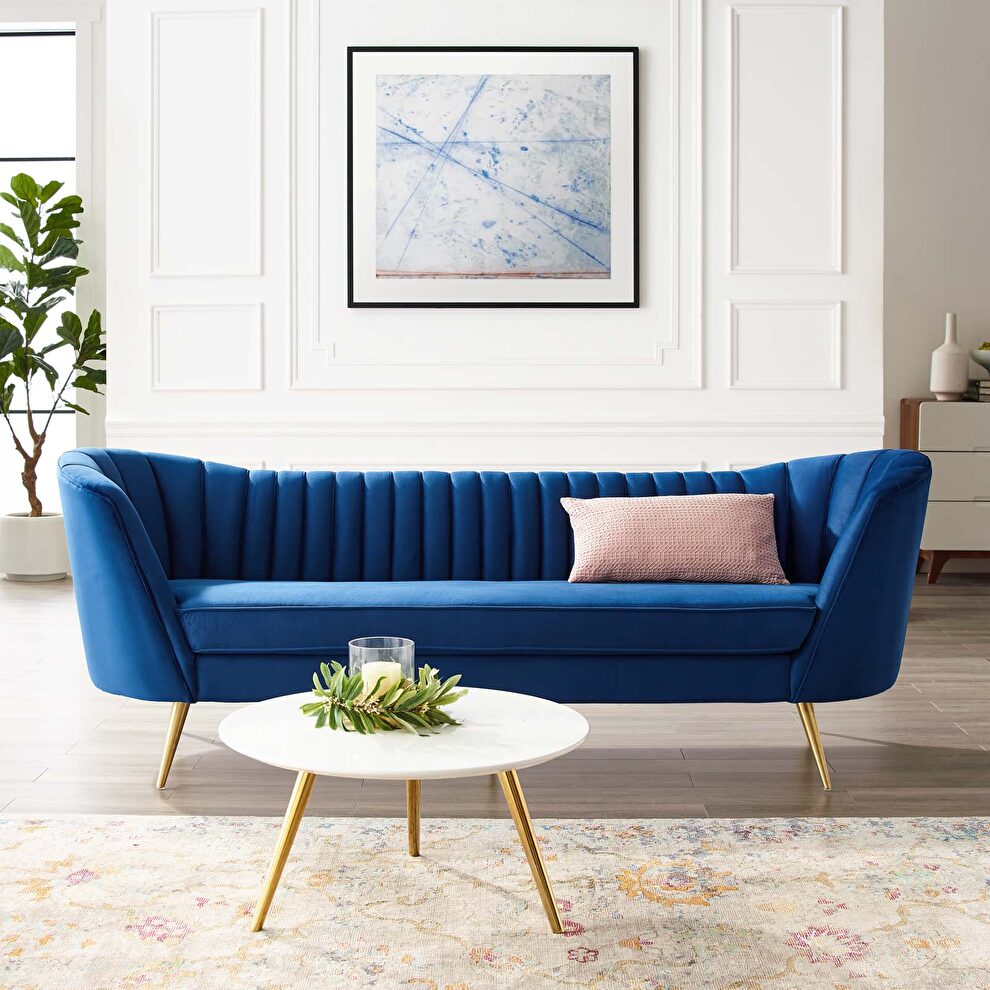 Vertical channel tufted curved performance velvet sofa in navy by Modway