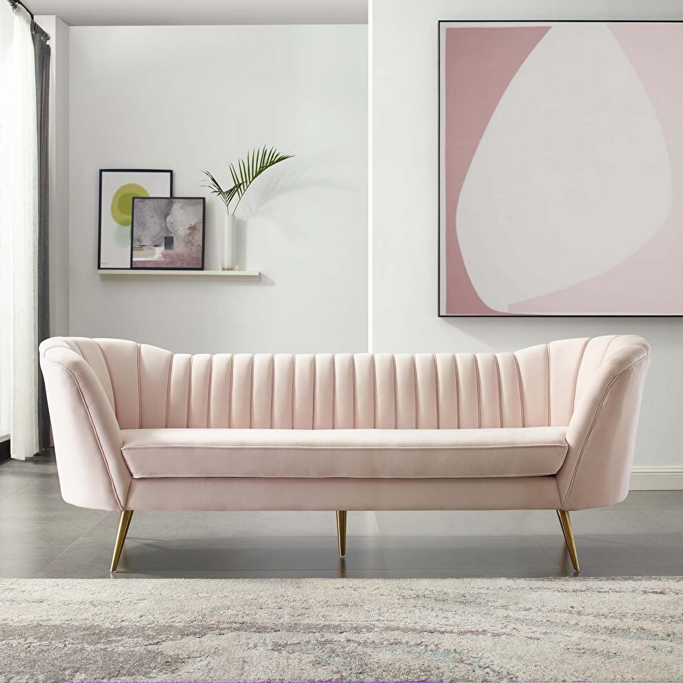 Vertical channel tufted curved performance velvet sofa in pink by Modway