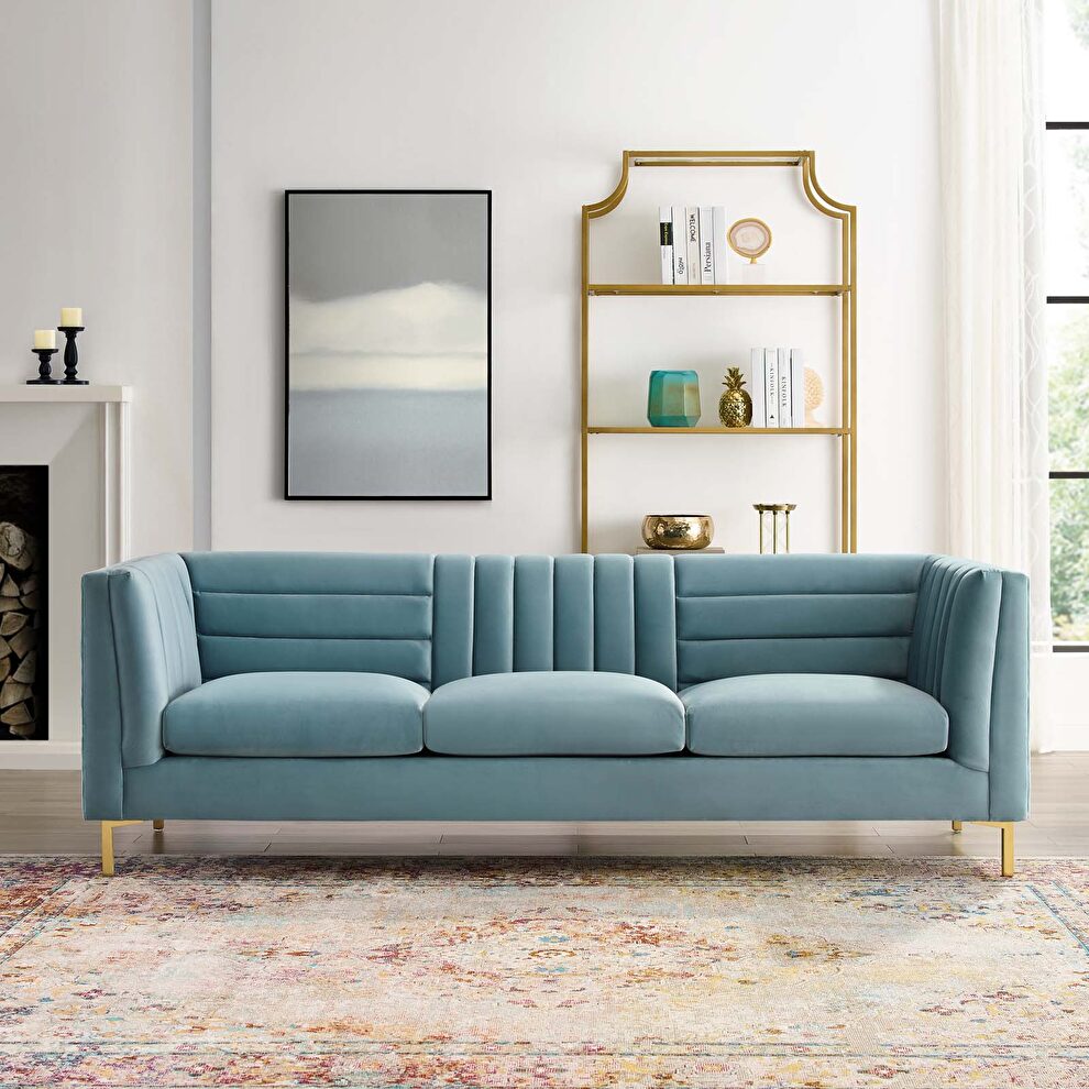 Channel tufted performance velvet sofa in light blue by Modway