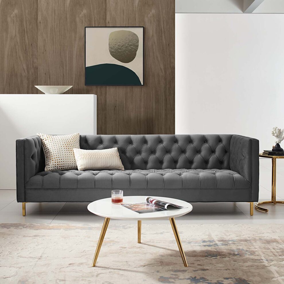 Tufted button performance velvet sofa in gray by Modway