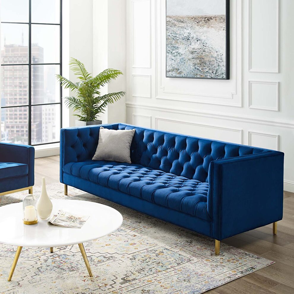 Tufted button performance velvet sofa in navy by Modway
