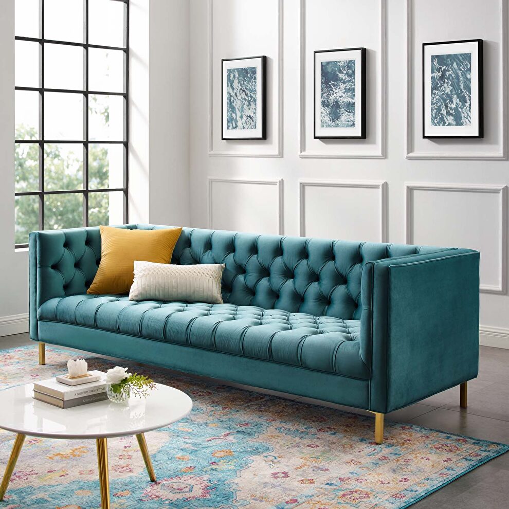 Tufted button performance velvet sofa in sea blue by Modway