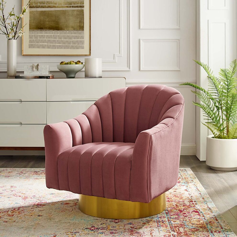 Vertical channel tufted accent lounge performance velvet swivel chair in dusty rose by Modway