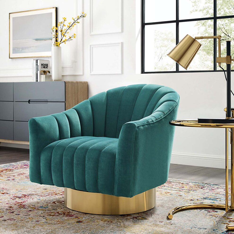 Vertical channel tufted accent lounge performance velvet swivel chair in teal by Modway