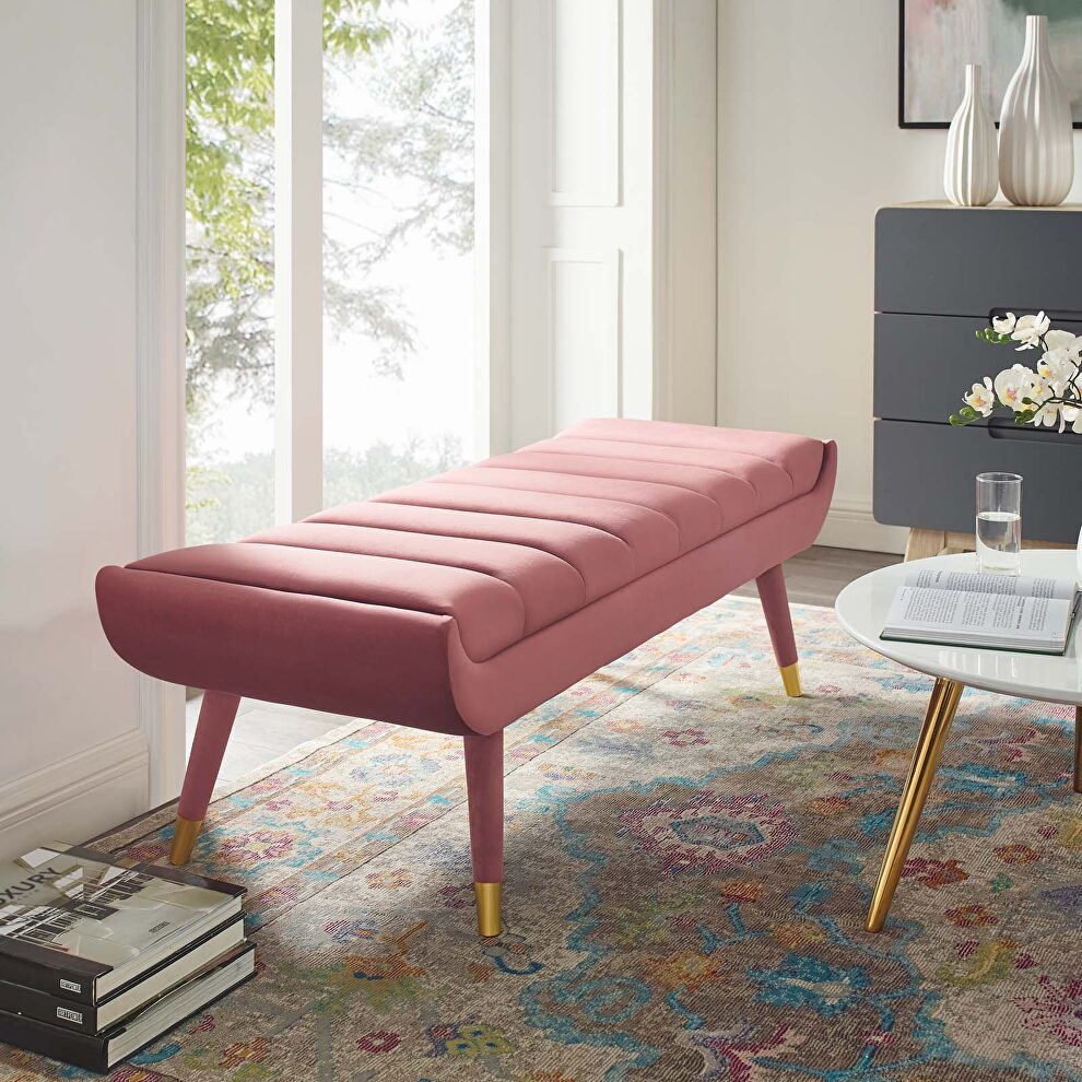 Channel tufted performance velvet accent bench in dusty rose by Modway