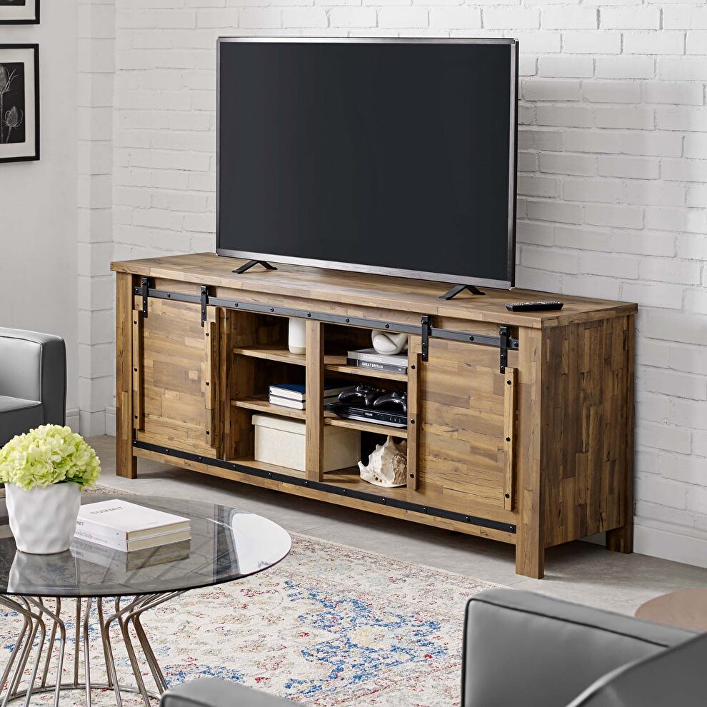 Rustic sliding door tv stand in walnut by Modway