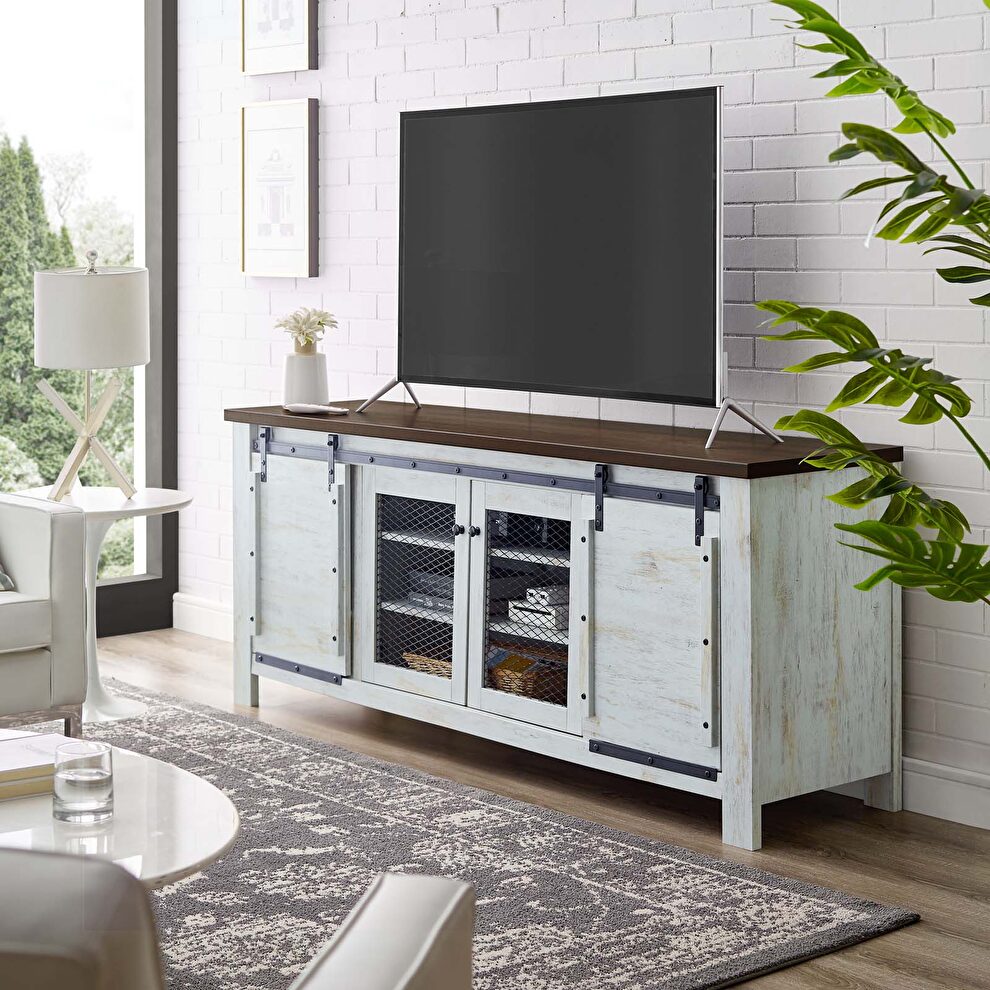 Rustic sliding door tv stand in white by Modway
