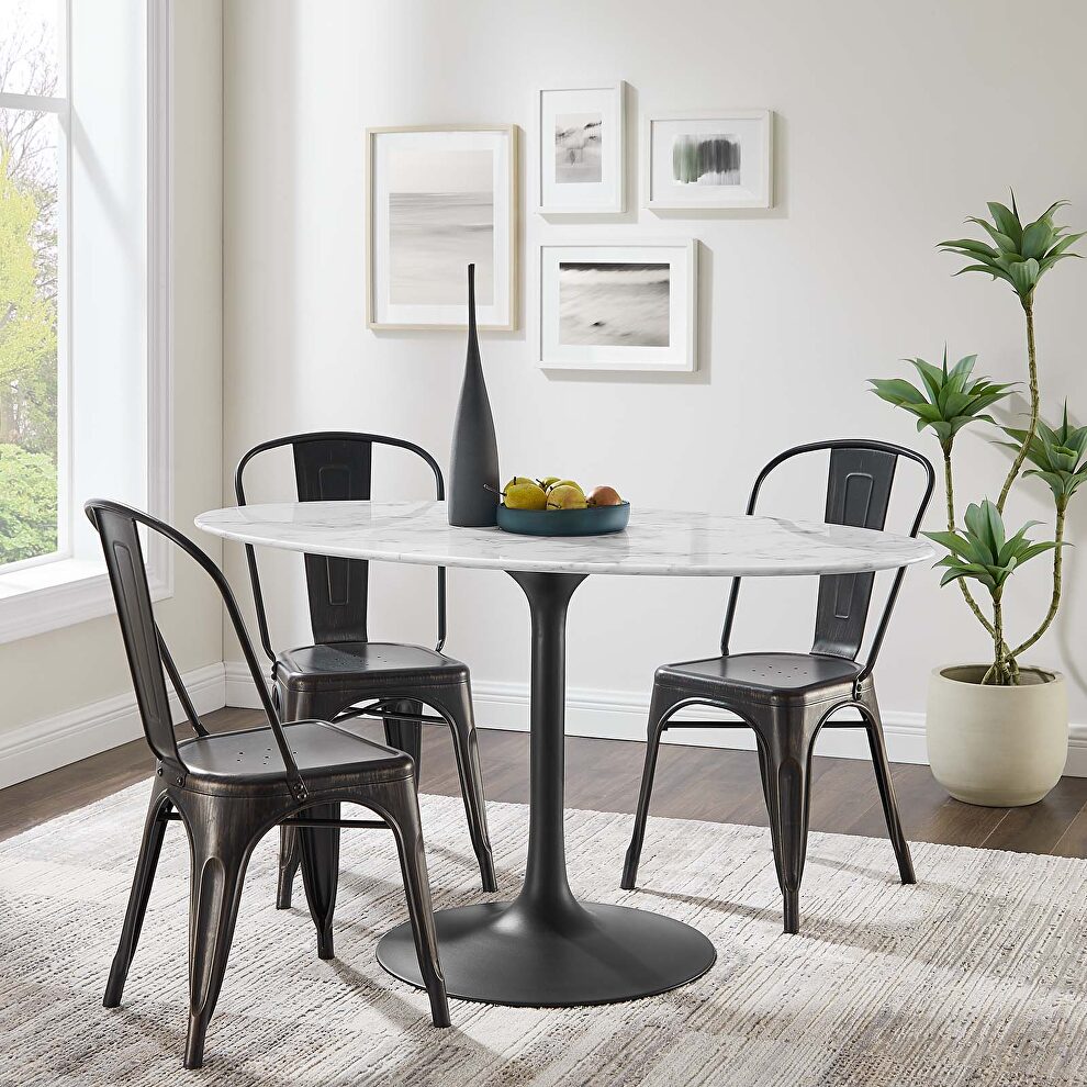 Oval artificial marble dining table in black white by Modway