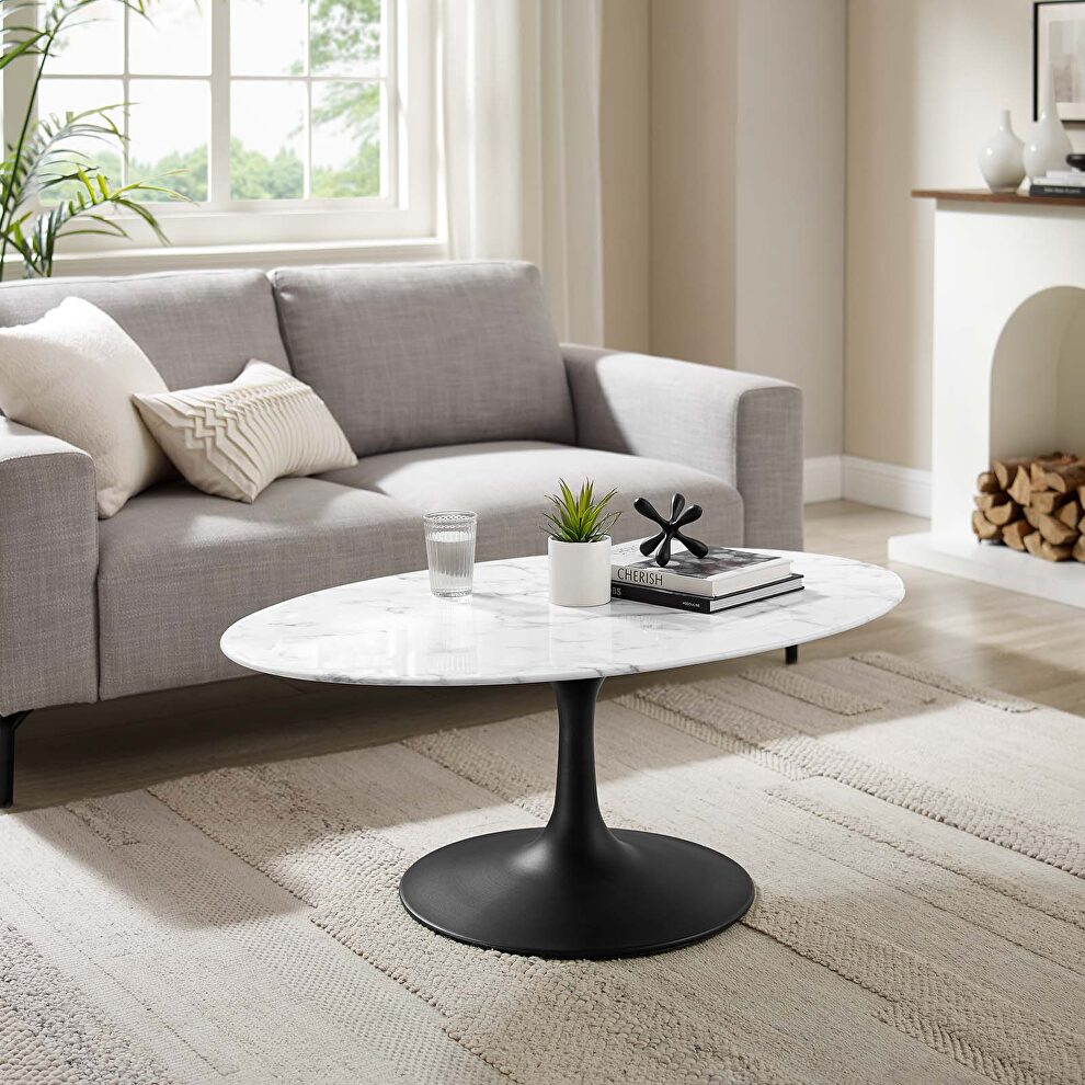 Oval-shaped artificial marble coffee table in black white by Modway