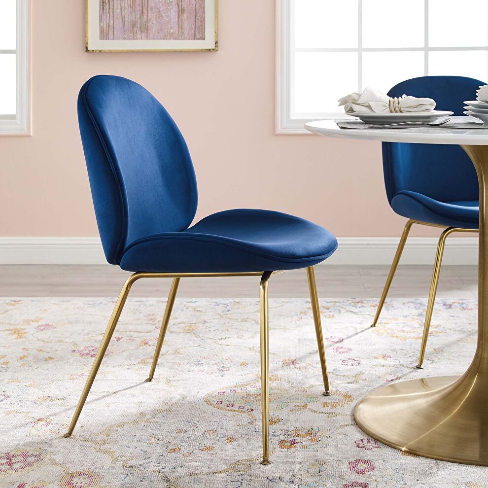 Gold stainless steel leg performance velvet dining chair in navy by Modway