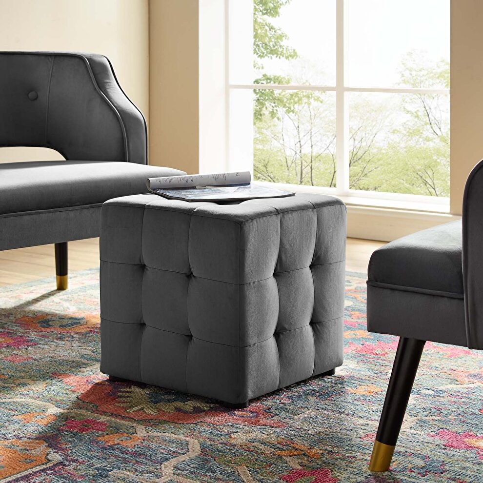 Tufted cube performance velvet ottoman in gray by Modway