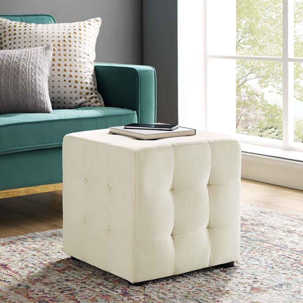 Tufted cube performance velvet ottoman in ivory by Modway