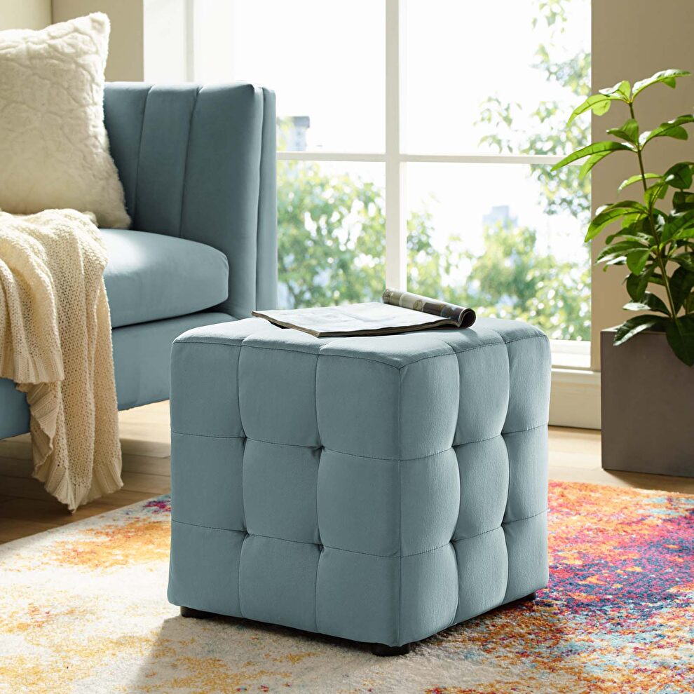 Tufted cube performance velvet ottoman in light blue by Modway