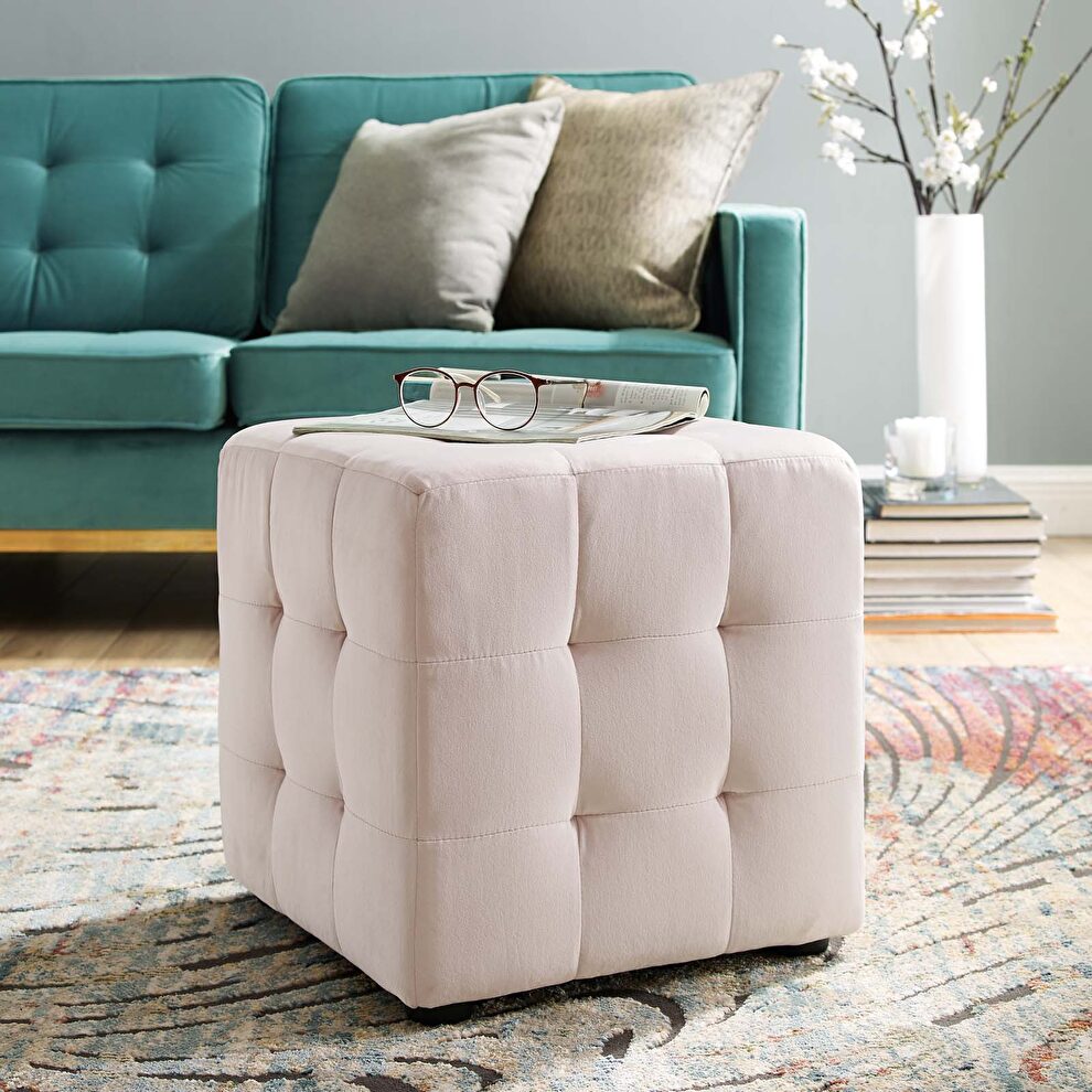 Tufted cube performance velvet ottoman in pink by Modway