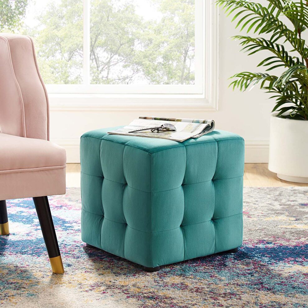 Tufted cube performance velvet ottoman in teal by Modway