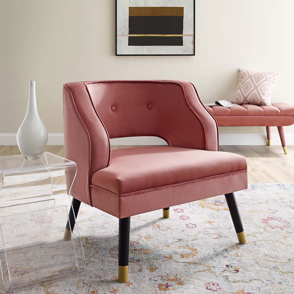 Button tufted open back performance velvet armchair in dusty rose by Modway