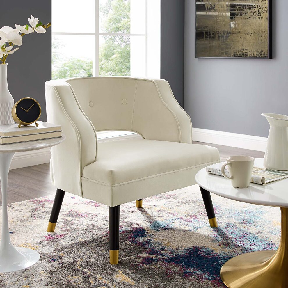 Button tufted open back performance velvet armchair in ivory by Modway