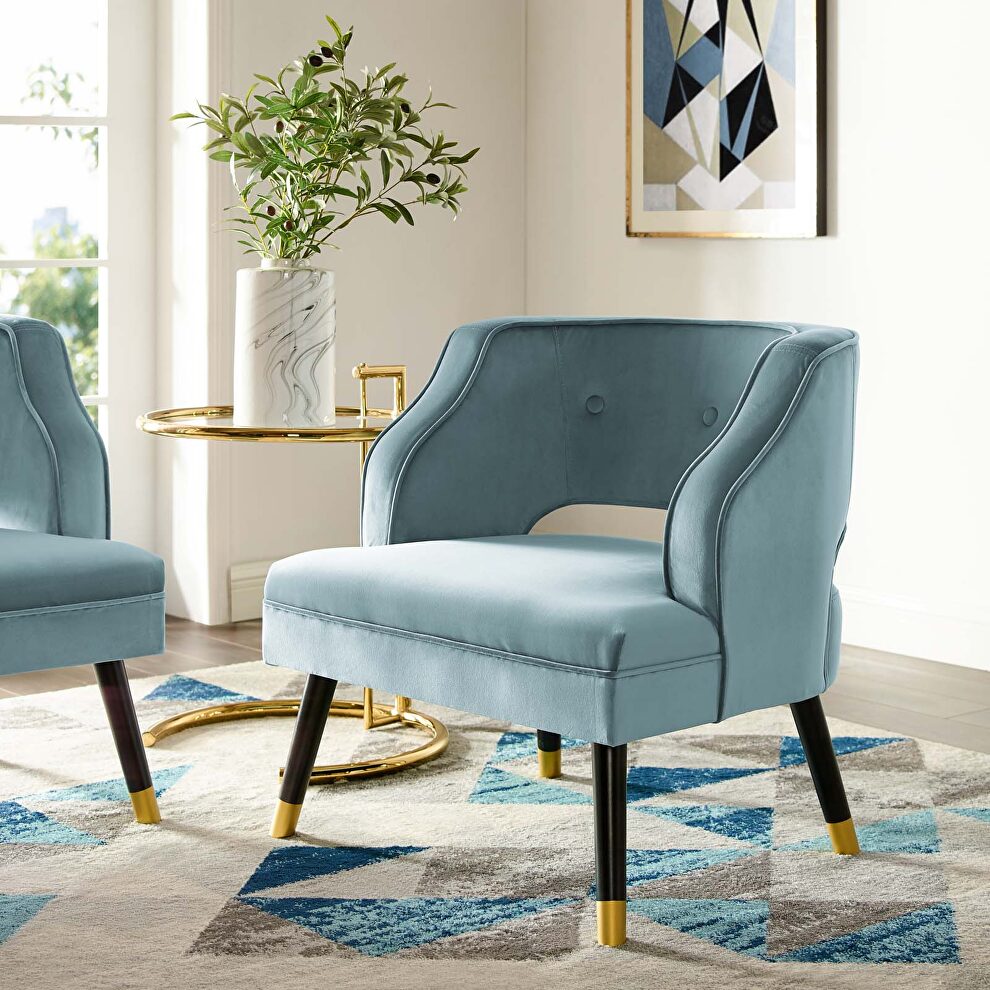 Button tufted open back performance velvet armchair in light blue by Modway