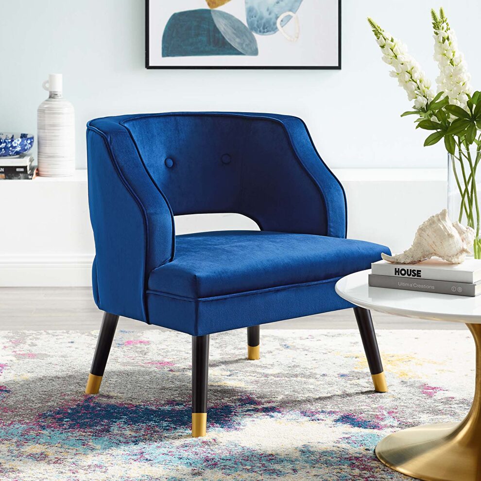 Button tufted open back performance velvet armchair in navy by Modway