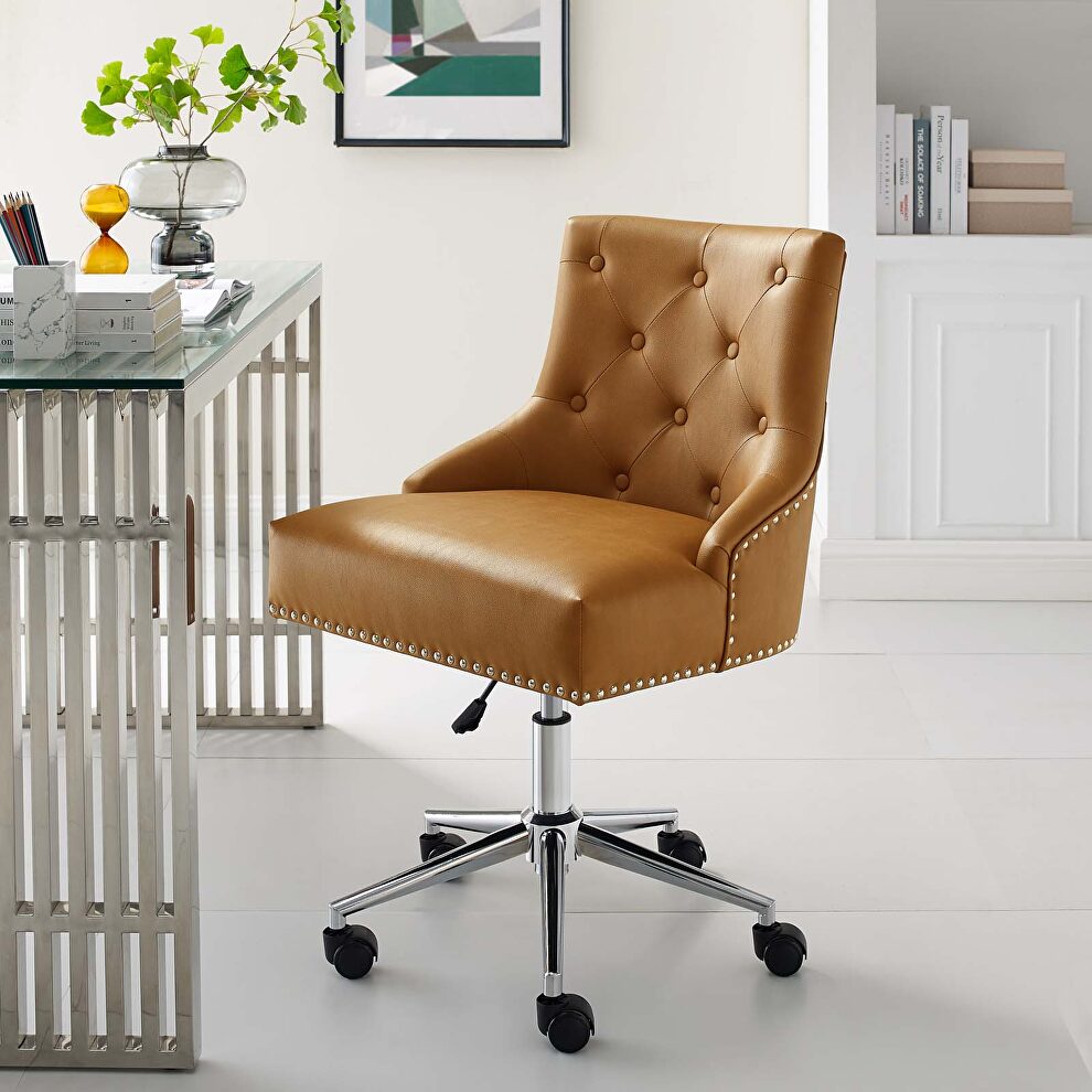 Tufted button swivel faux leather office chair in tan by Modway
