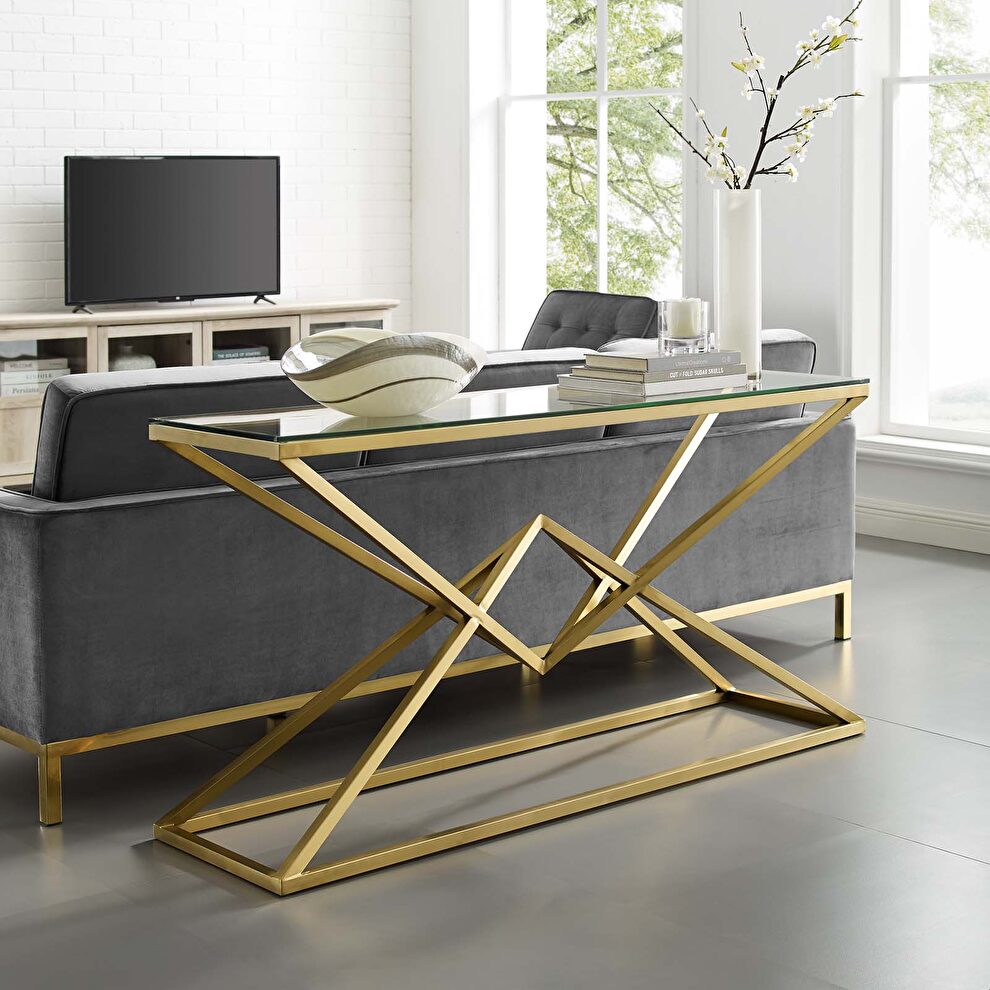 Brushed gold metal stainless steel console table in gold by Modway