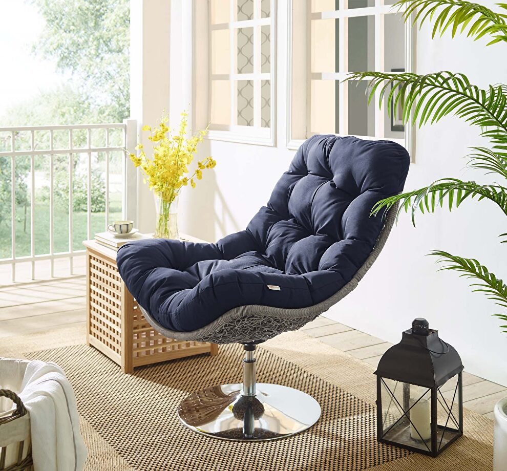 Wicker rattan outdoor patio swivel lounge chair in light gray/ navy by Modway