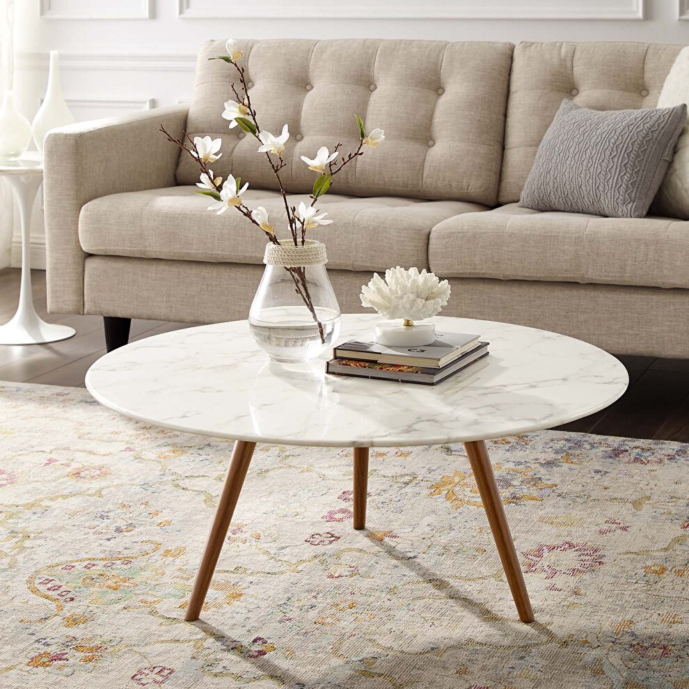 Round artificial marble coffee table with tripod base in walnut white by Modway