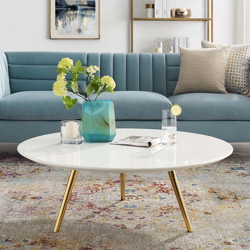 Round wood top coffee table with tripod base in gold white by Modway