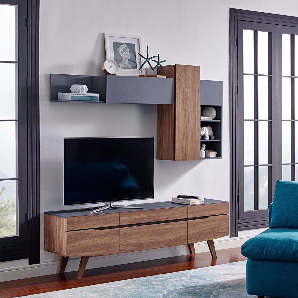 2 piece entertainment center in walnut gray by Modway