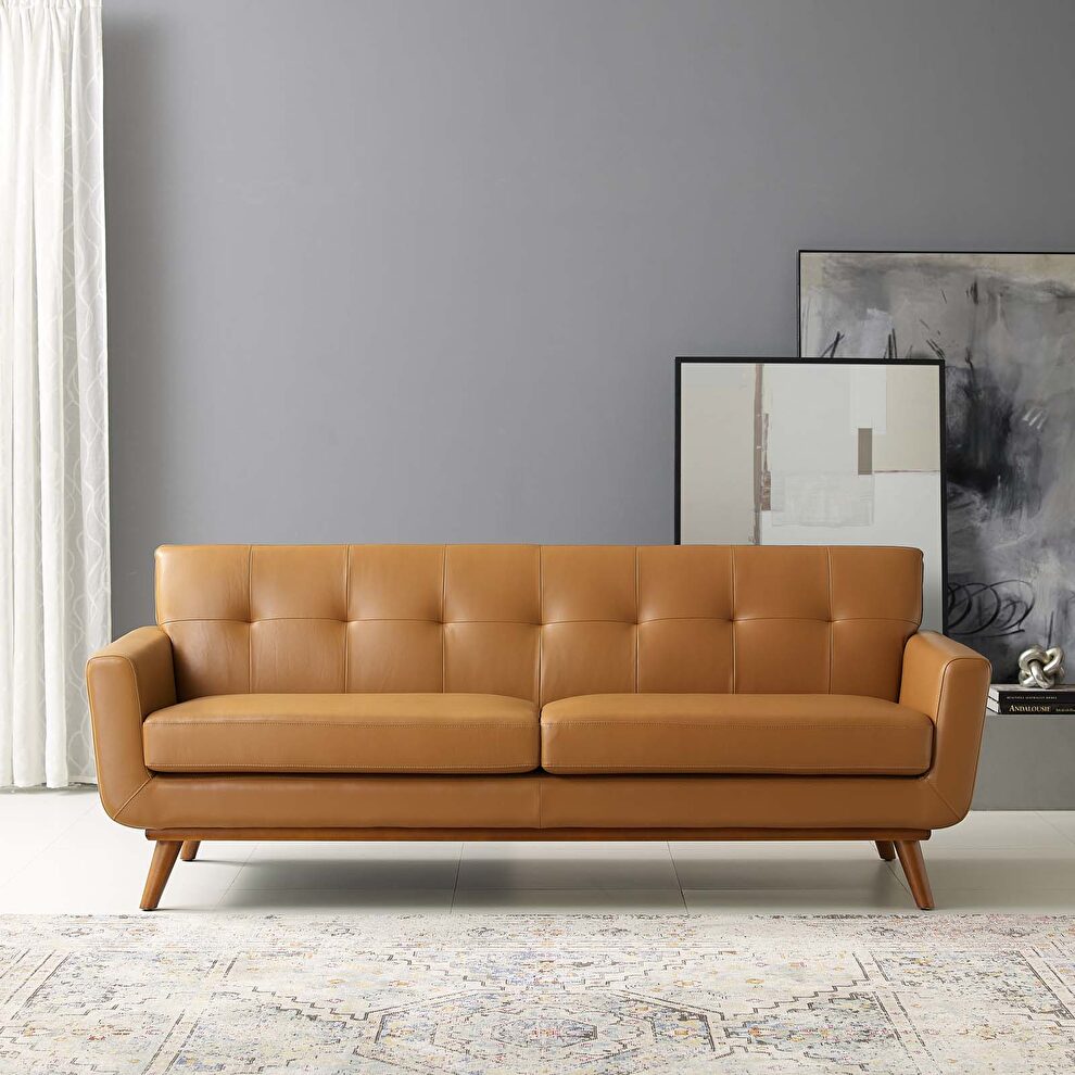 Top-grain leather living room lounge sofa in tan by Modway