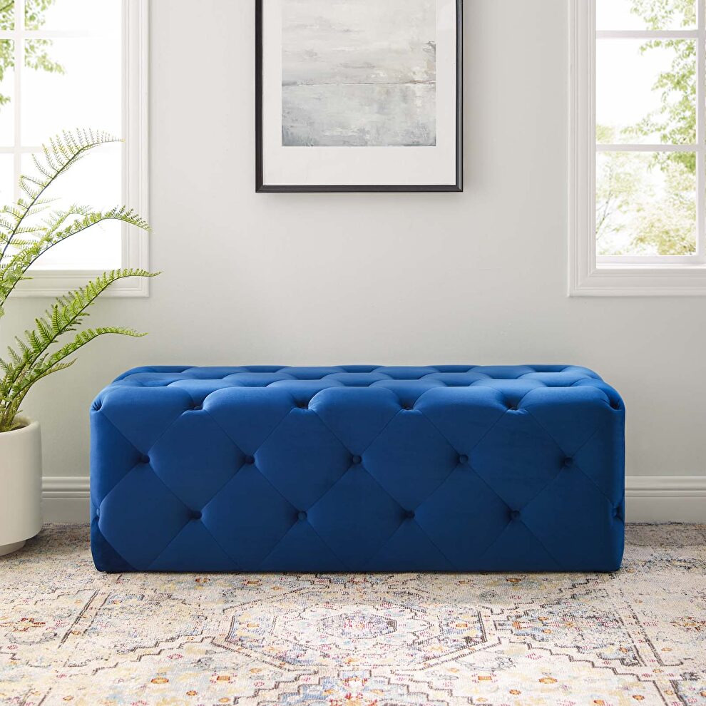 Tufted button entryway performance velvet bench in navy by Modway
