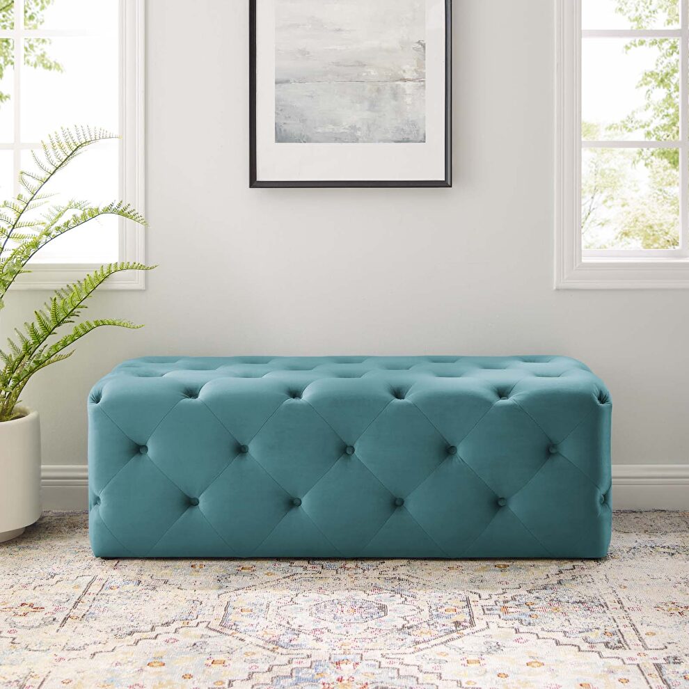 Tufted button entryway performance velvet bench in sea blue by Modway