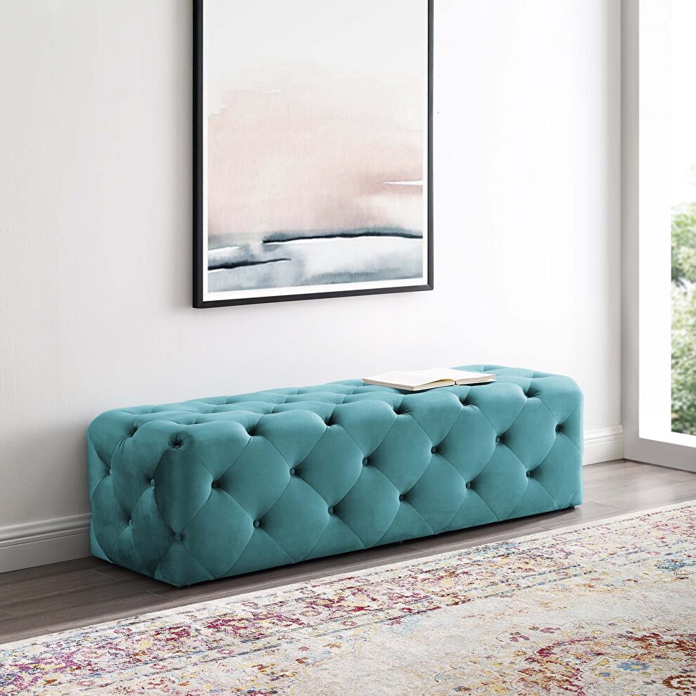Tufted button entryway performance velvet bench in sea blue by Modway