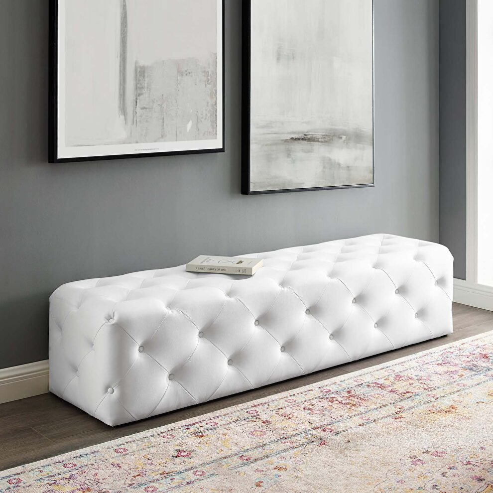 Tufted button entryway faux leather bench in white by Modway