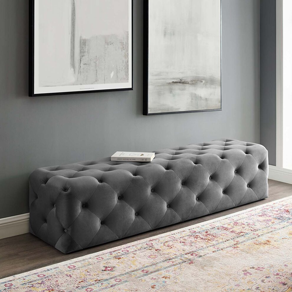 Tufted button entryway performance velvet bench in gray by Modway