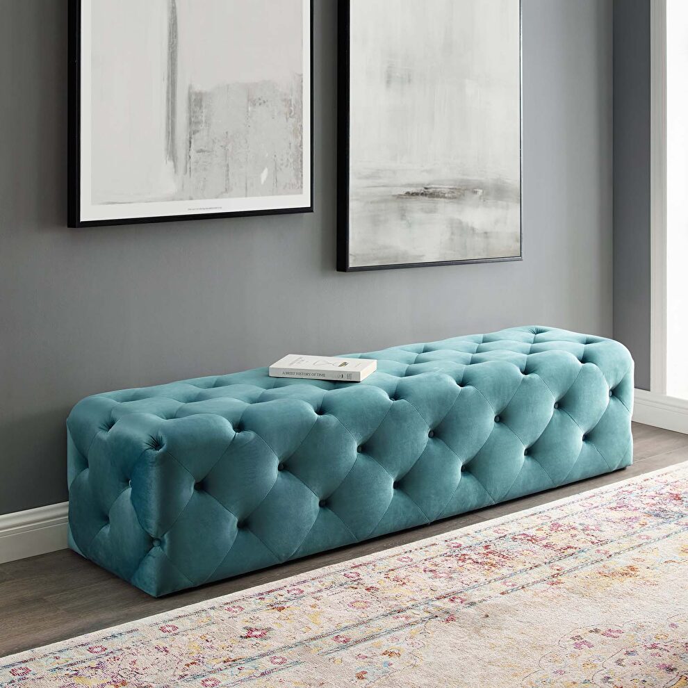 Tufted button entryway performance velvet bench in sea blue by Modway