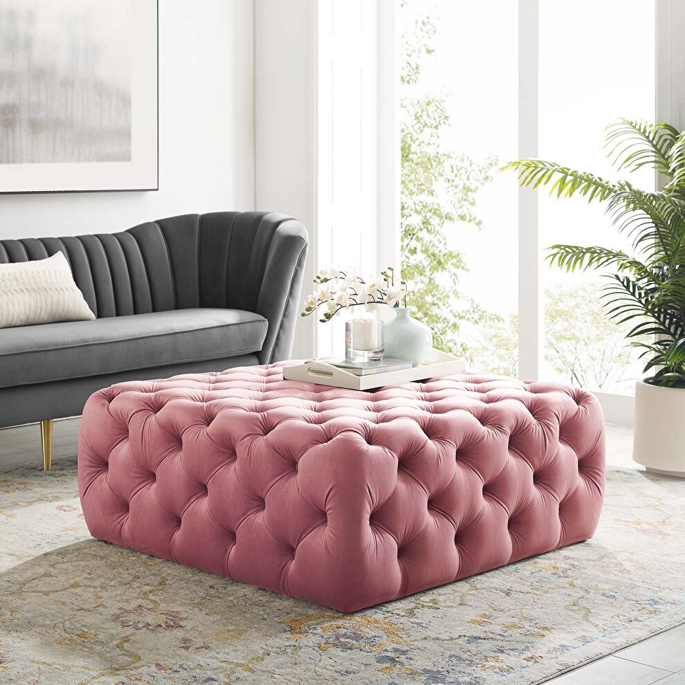 Tufted button large square performance velvet ottoman in dusty rose by Modway