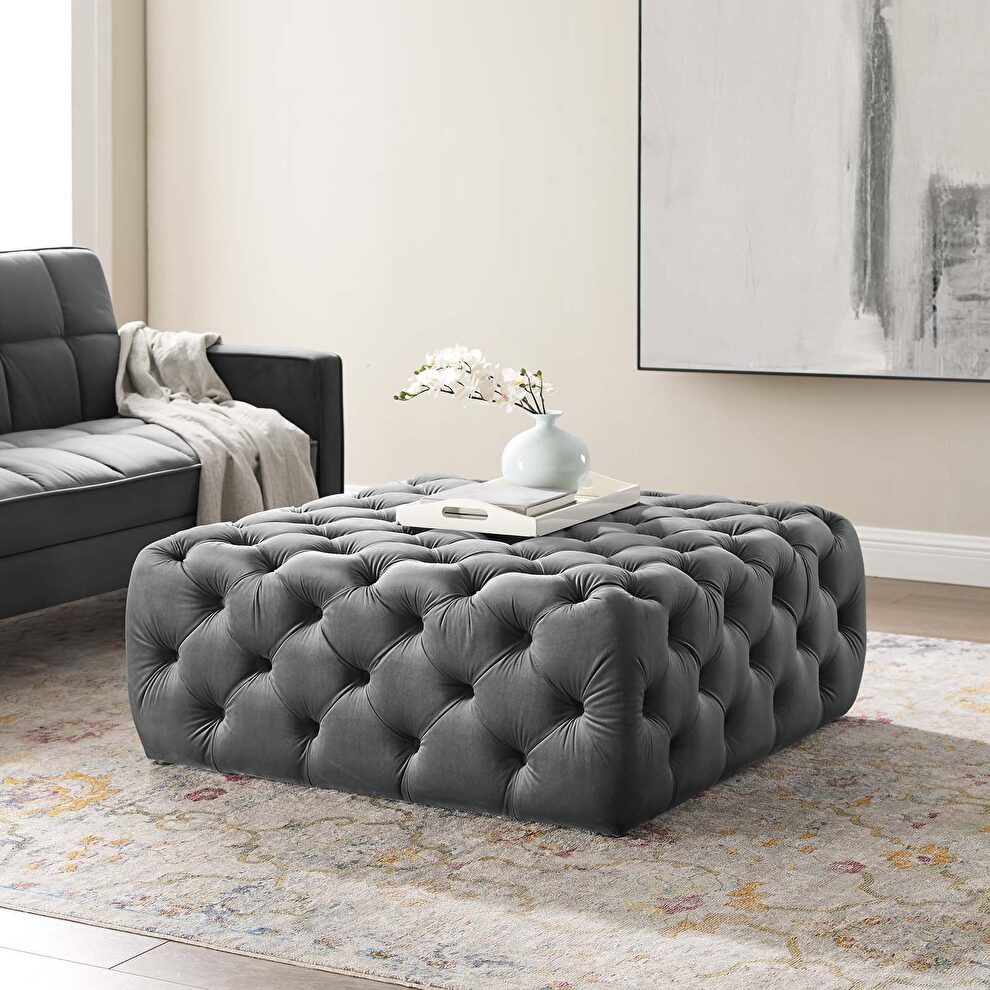 Tufted button large square performance velvet ottoman in gray by Modway