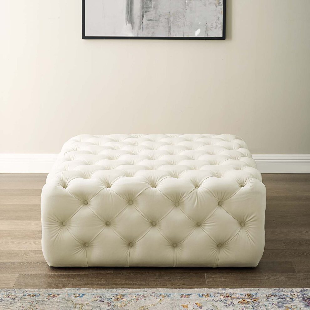 Tufted button large square performance velvet ottoman in ivory by Modway