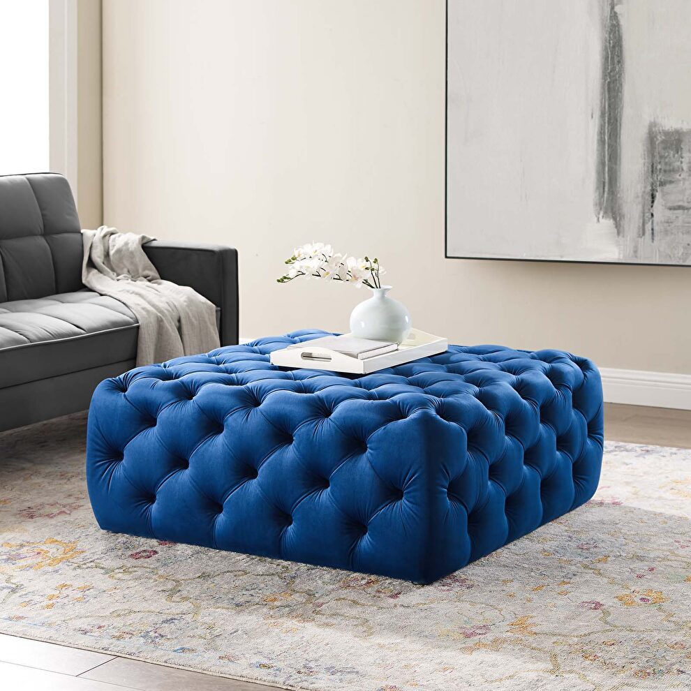 Tufted button large square performance velvet ottoman in navy by Modway