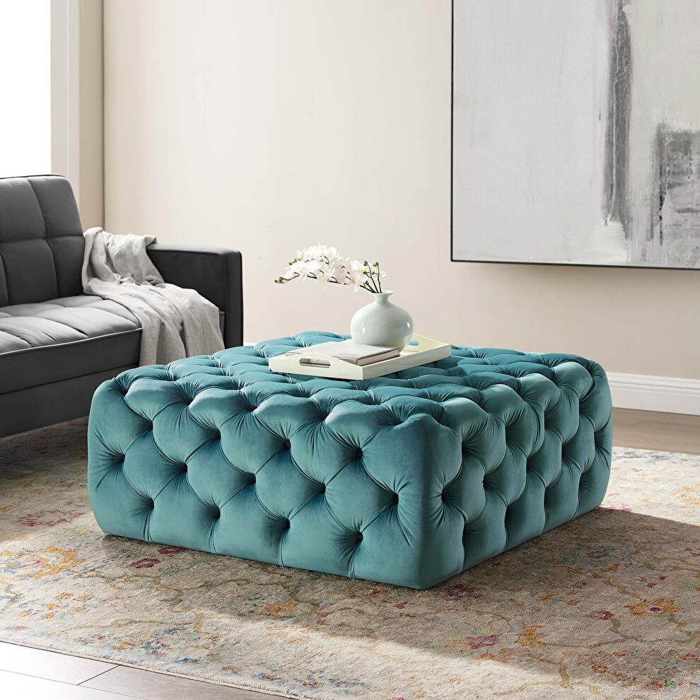 Tufted button large square performance velvet ottoman in sea blue by Modway