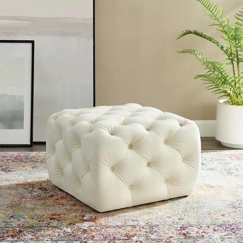 Tufted button square performance velvet ottoman in ivory by Modway