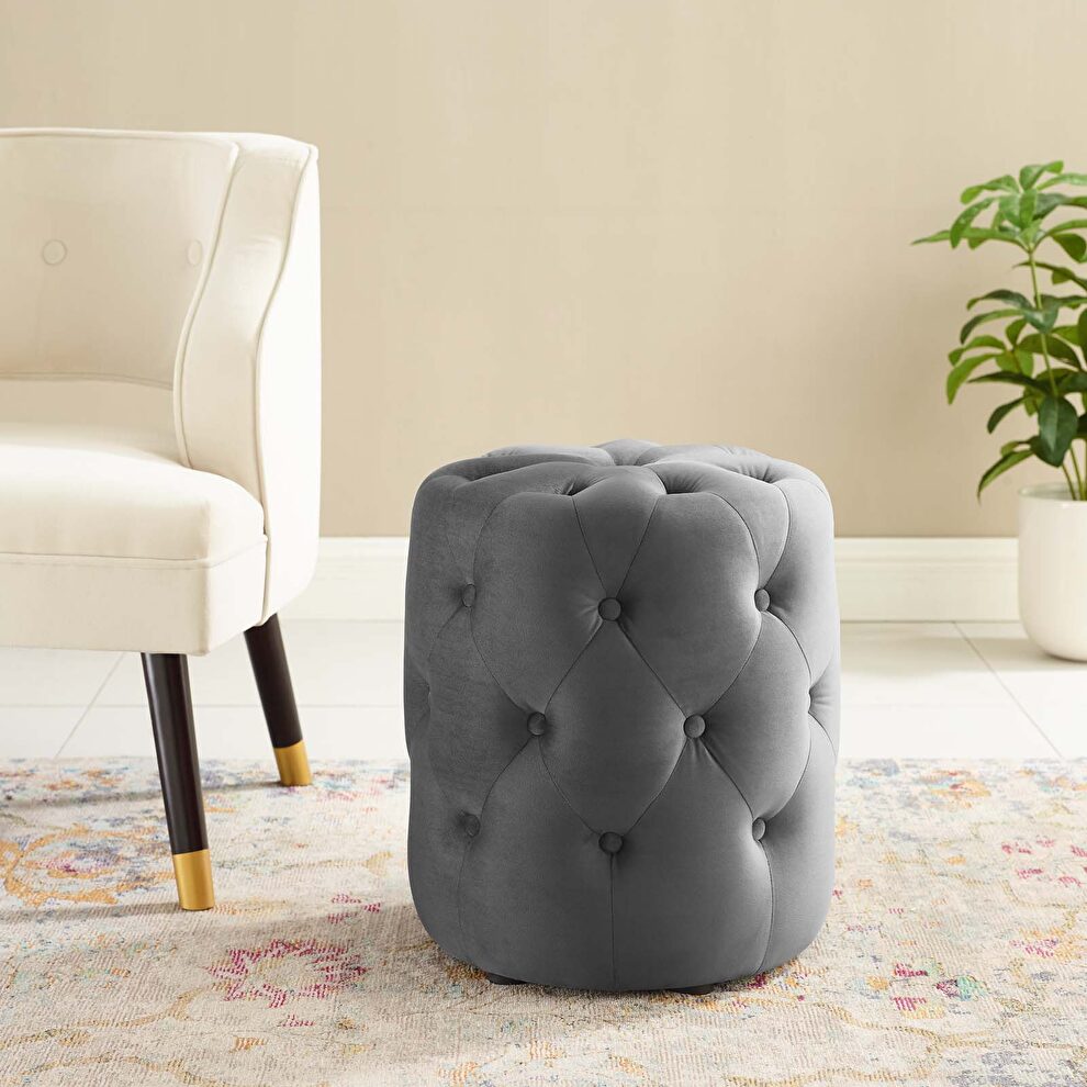 Tufted button round performance velvet ottoman in gray by Modway
